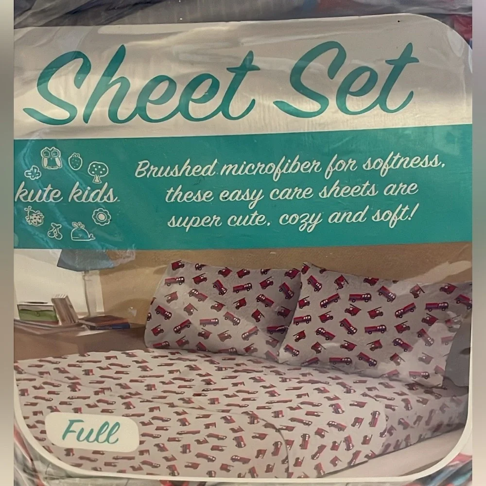Kute Kids Fire Trucks Full Size Sheet Set Bedding, Easy Care Microfiber